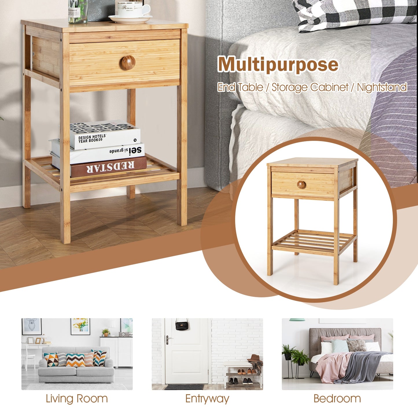 Set of 2 Bamboo End Tables with Drawer and Open Shelf-Natural Kids Crystal