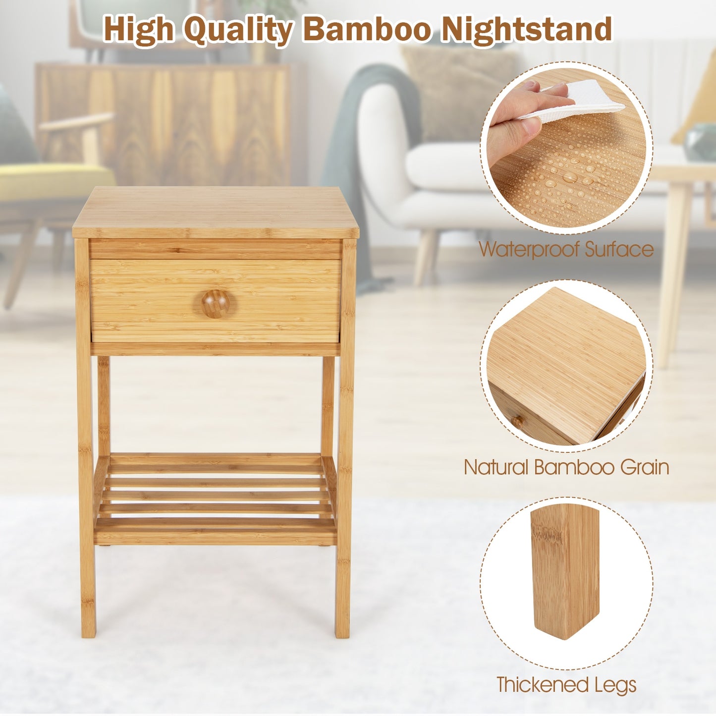 Set of 2 Bamboo End Tables with Drawer and Open Shelf-Natural Kids Crystal