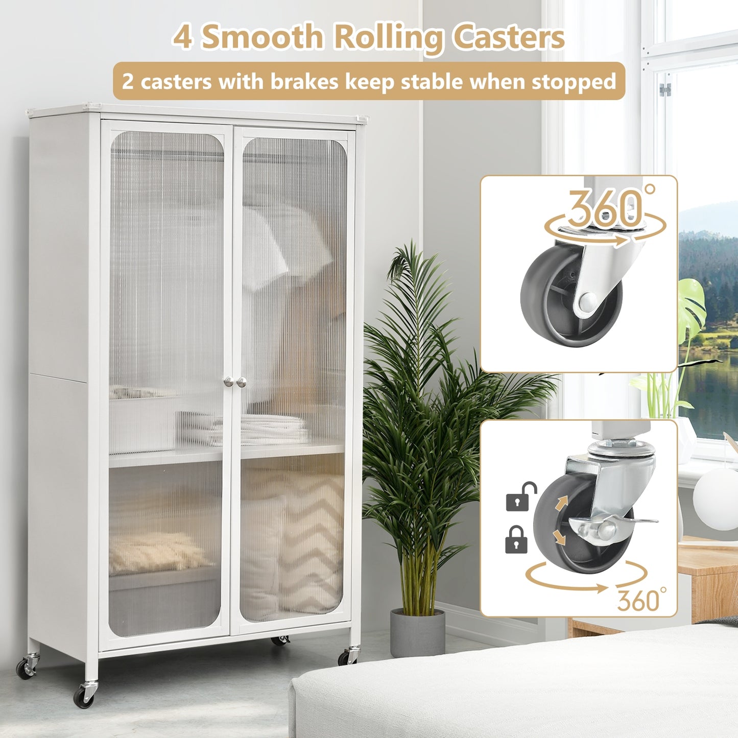Rolling Storage Armoire Closet with Hanging Rod and Adjustable Shelf-White Kids Crystal