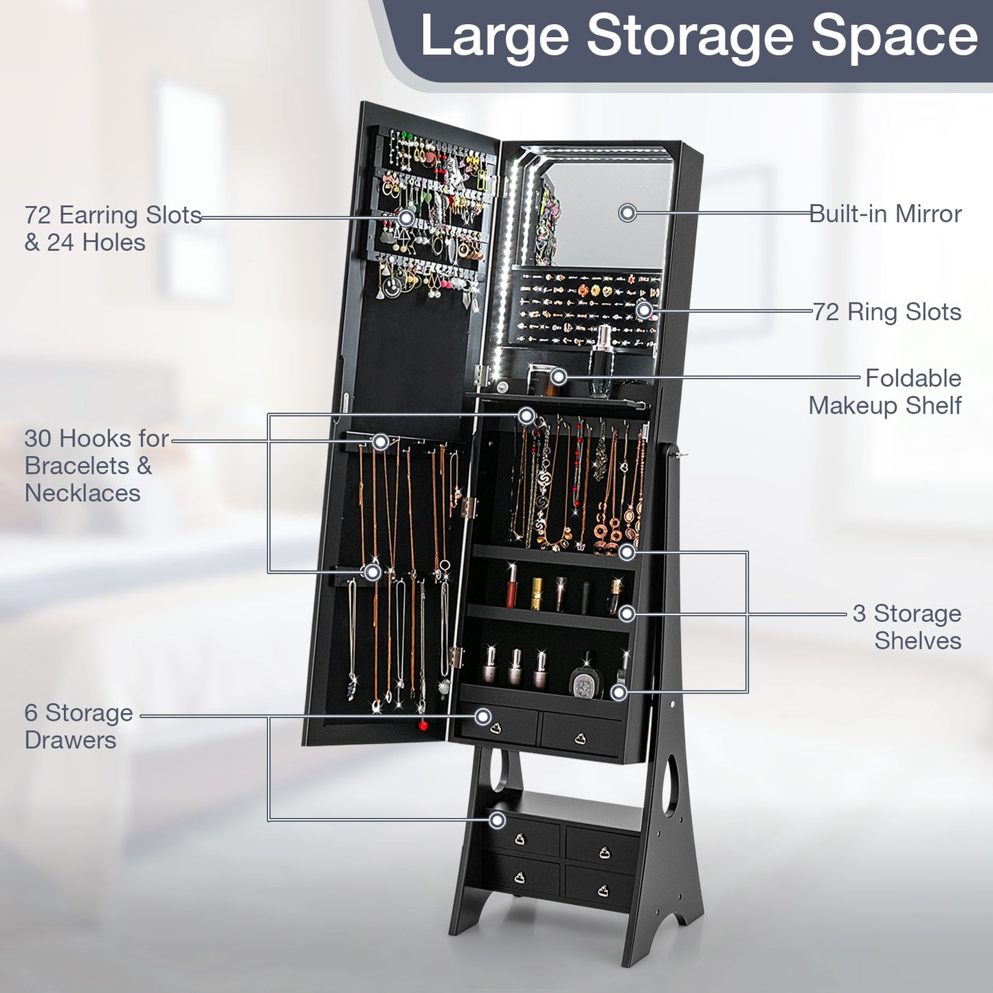 Freestanding Full Length LED Mirrored Jewelry Armoire with 6 Drawers-Black Kids Crystal