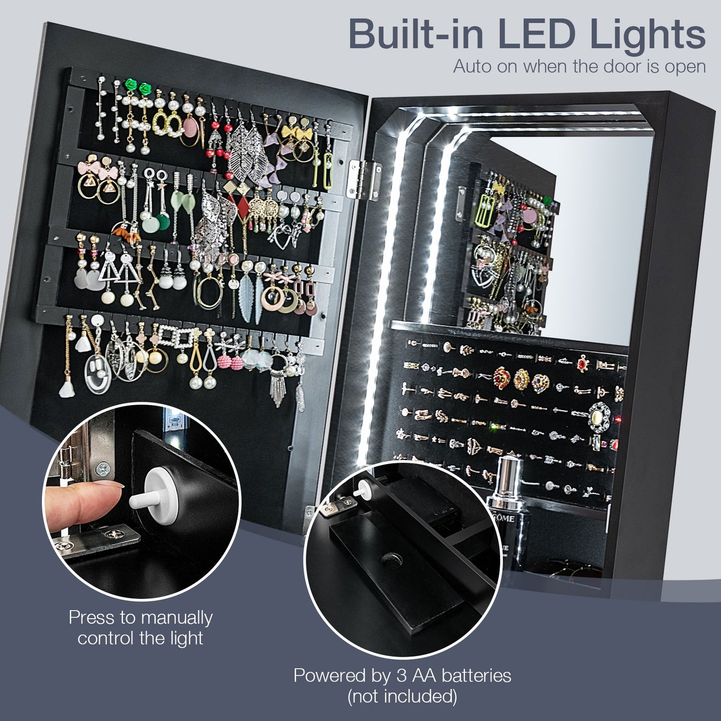 Freestanding Full Length LED Mirrored Jewelry Armoire with 6 Drawers-Black Kids Crystal