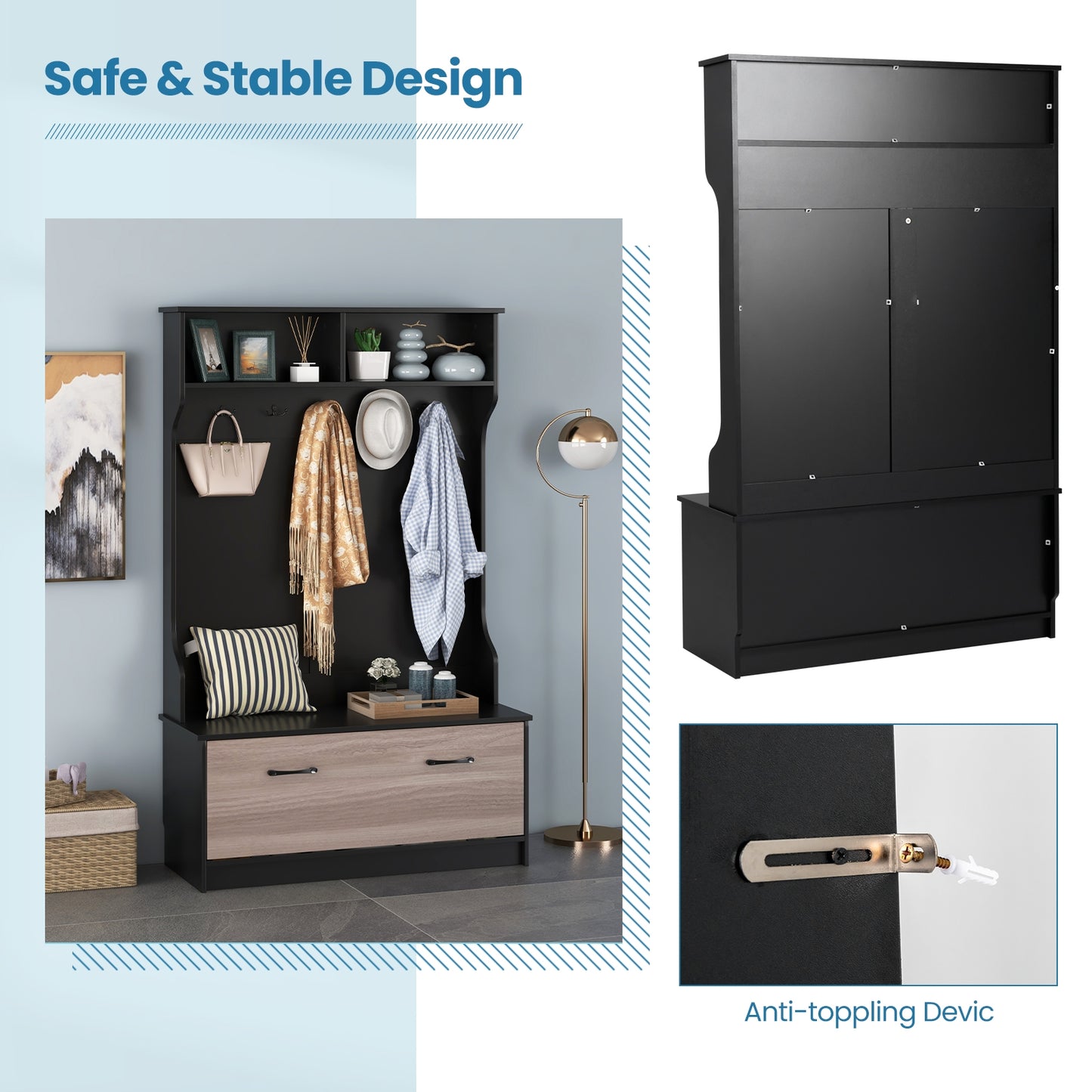 3 in 1 Coat Rack with Entryway Bench and Hooks and Enclosed Cabinet-Black Kids Crystal