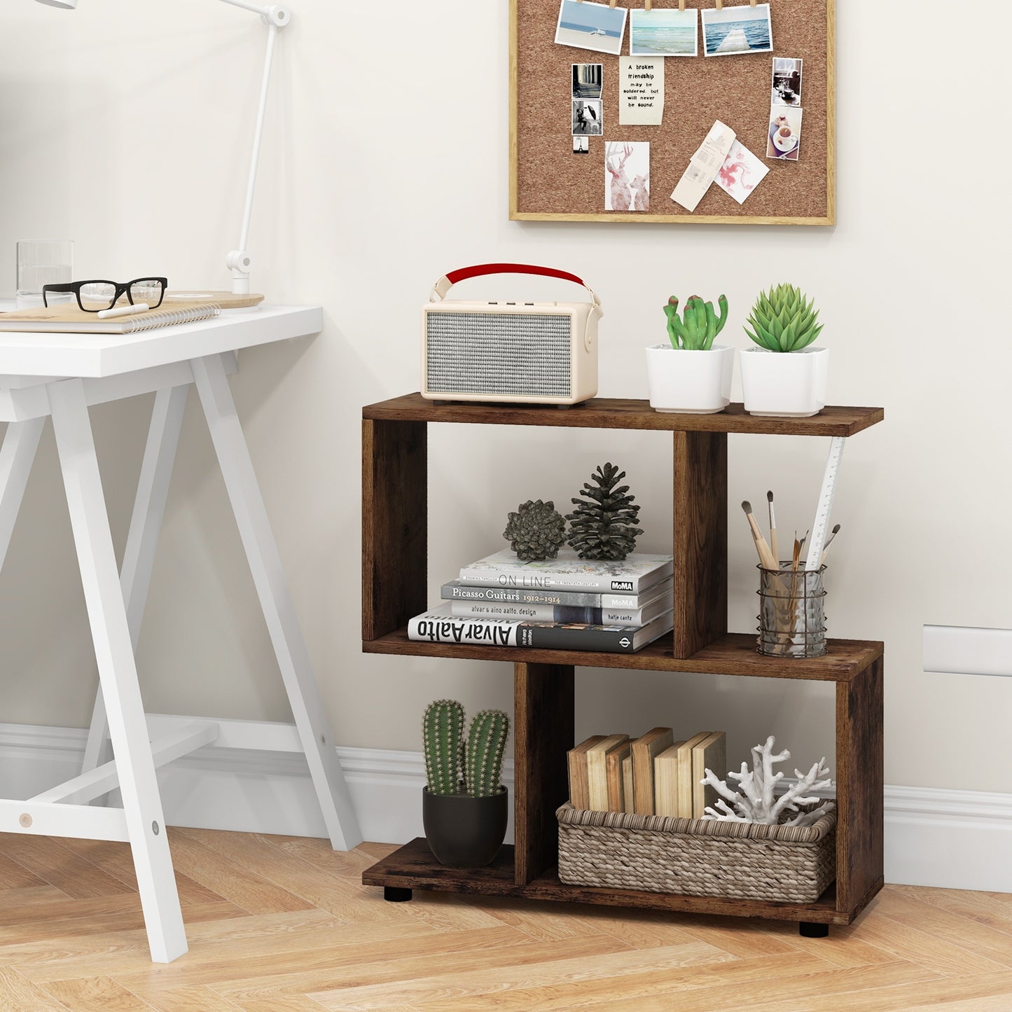 24 Inch 3-Tier Geometric Bookshelf with Thick Foot Pads-Brown Kids Crystal