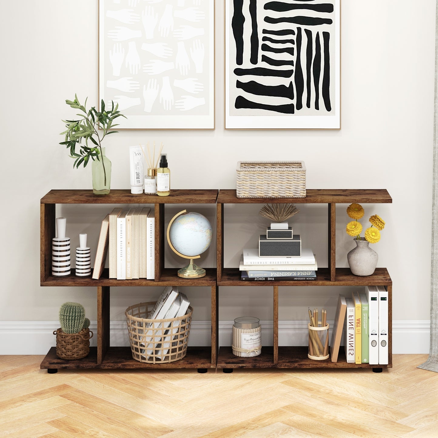 24 Inch 3-Tier Geometric Bookshelf with Thick Foot Pads-Brown Kids Crystal