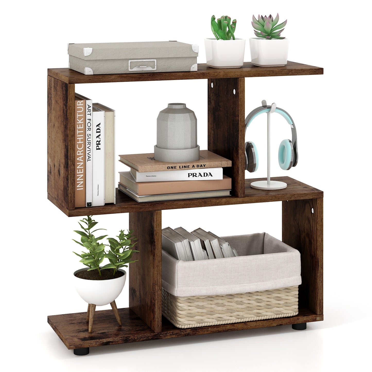 24 Inch 3-Tier Geometric Bookshelf with Thick Foot Pads-Brown Kids Crystal
