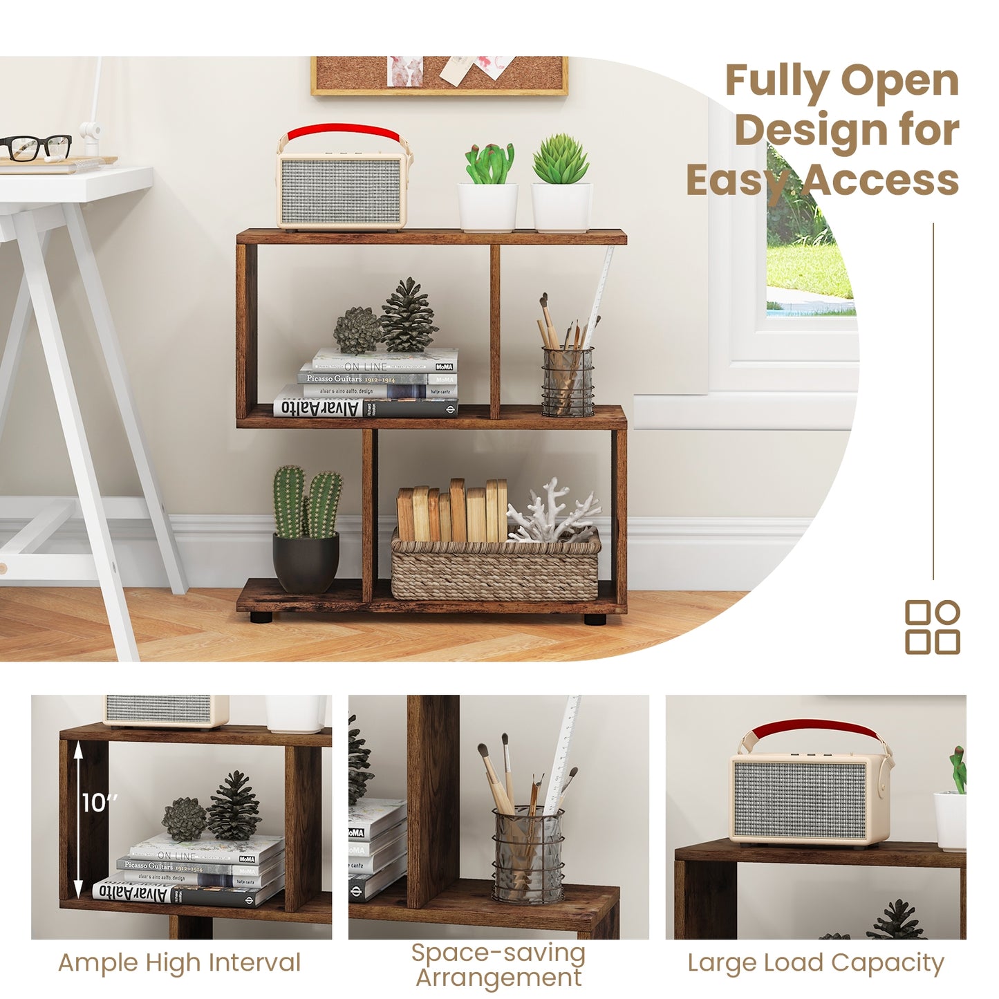 24 Inch 3-Tier Geometric Bookshelf with Thick Foot Pads-Brown Kids Crystal