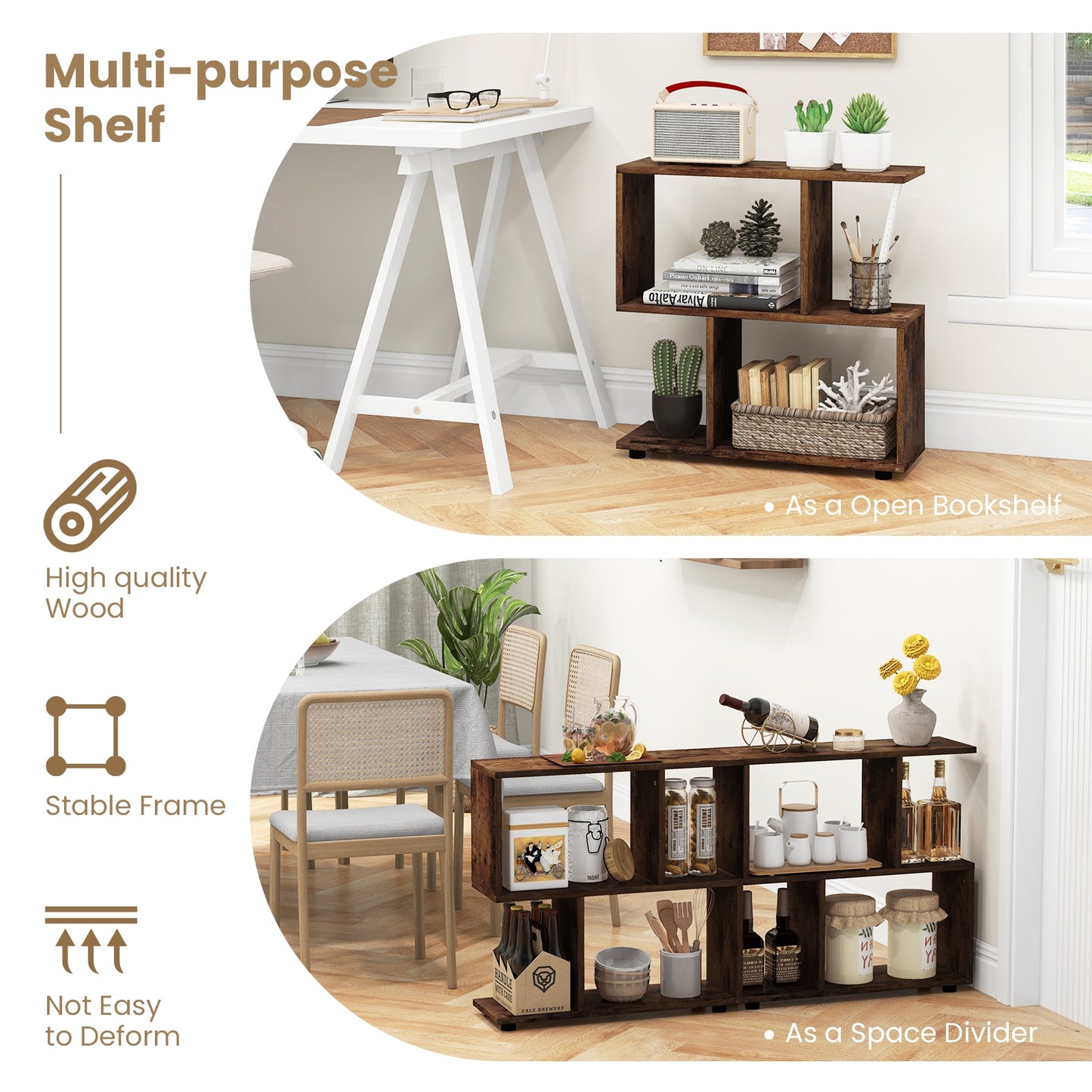 24 Inch 3-Tier Geometric Bookshelf with Thick Foot Pads-Brown Kids Crystal
