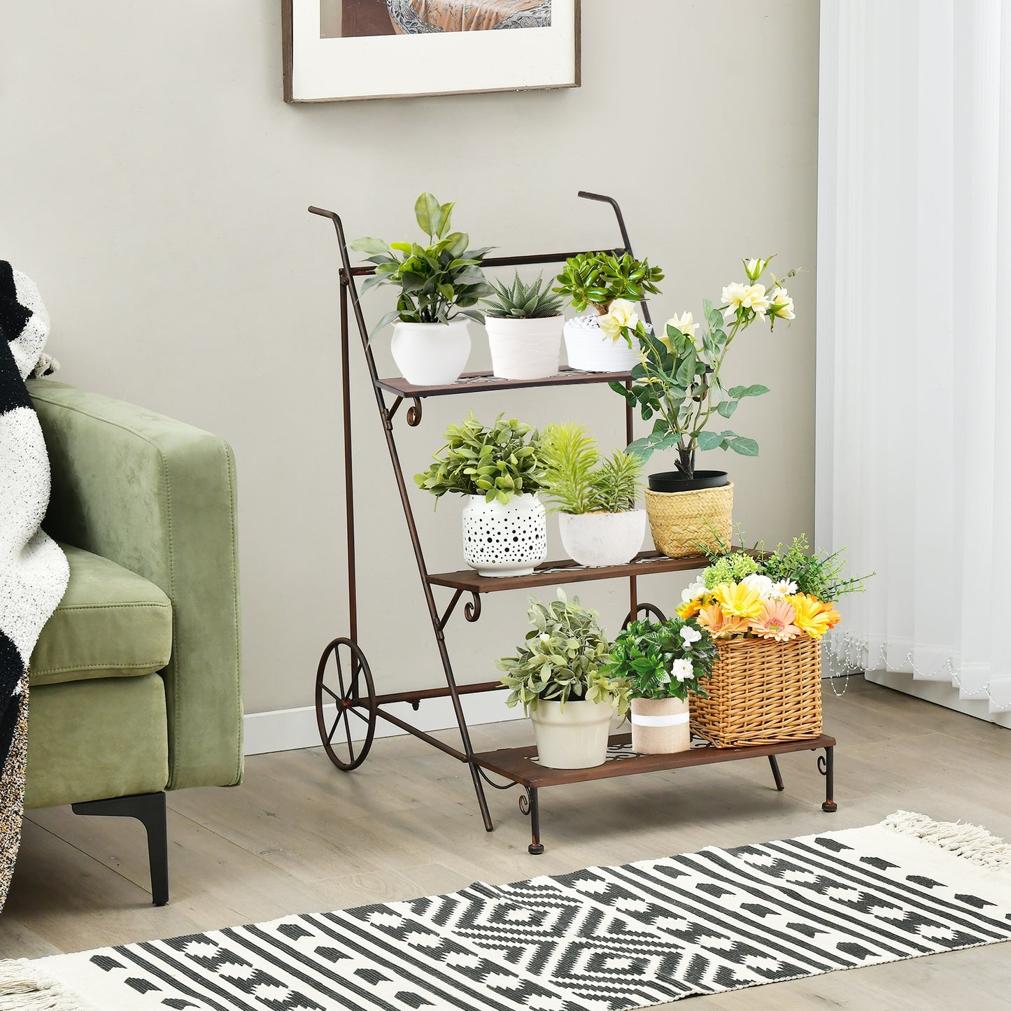 3-Tier Metal Plant Stand with Wheels and Handle for Balcony Kids Crystal