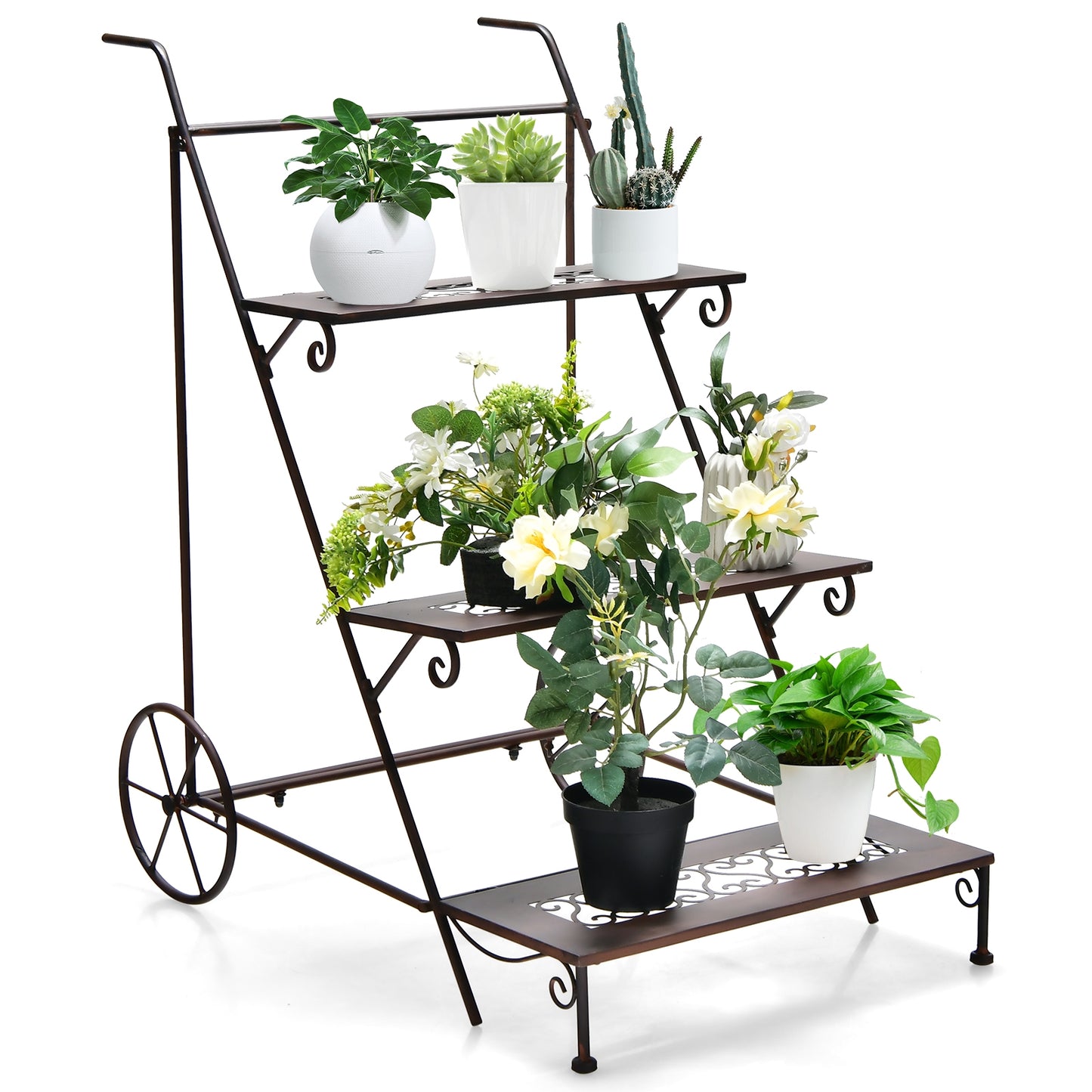 3-Tier Metal Plant Stand with Wheels and Handle for Balcony Kids Crystal