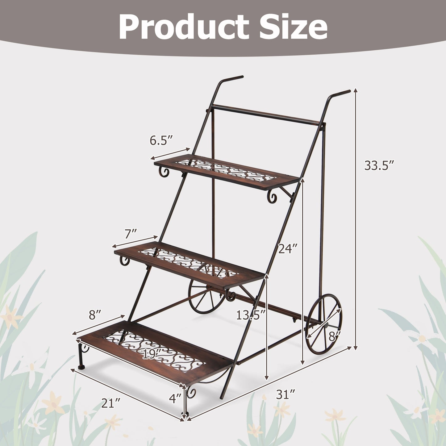 3-Tier Metal Plant Stand with Wheels and Handle for Balcony Kids Crystal