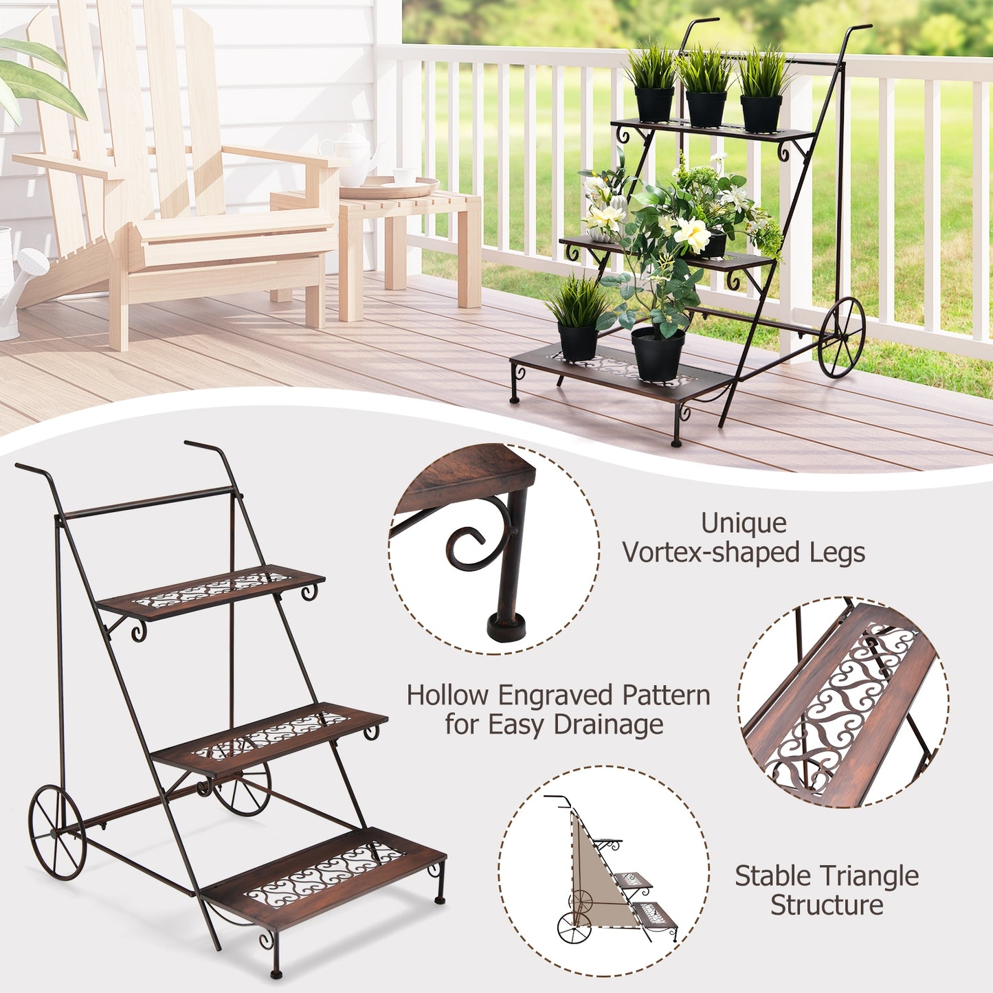 3-Tier Metal Plant Stand with Wheels and Handle for Balcony Kids Crystal