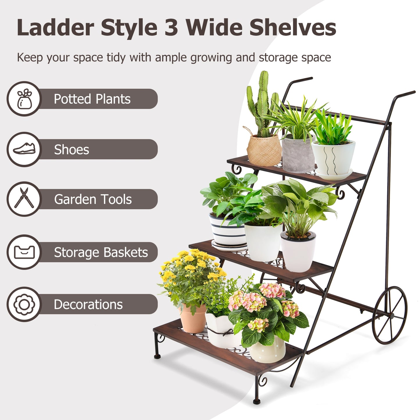 3-Tier Metal Plant Stand with Wheels and Handle for Balcony Kids Crystal