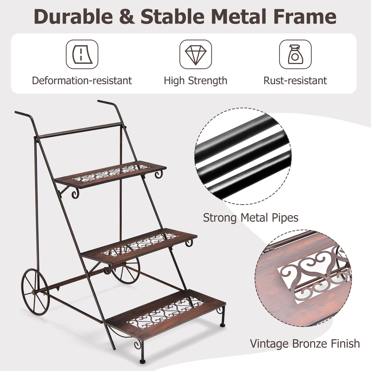 3-Tier Metal Plant Stand with Wheels and Handle for Balcony Kids Crystal