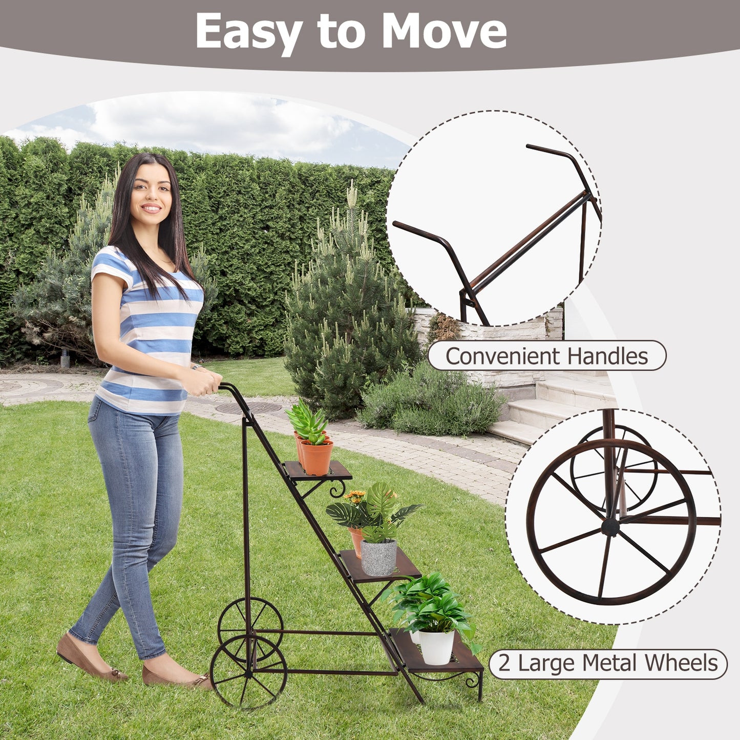 3-Tier Metal Plant Stand with Wheels and Handle for Balcony Kids Crystal