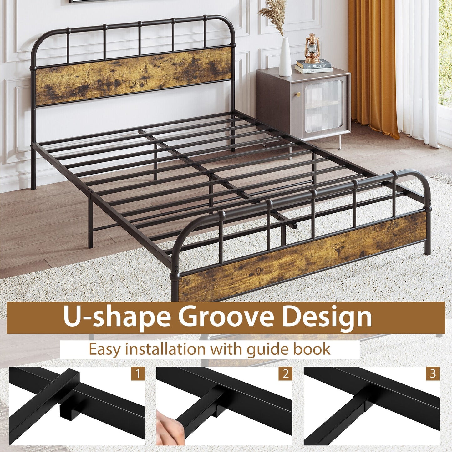 Queen Size Industrial Metal Platform Bed Frame Headboard Mattress Foundation-Queen Size Kids Crystal