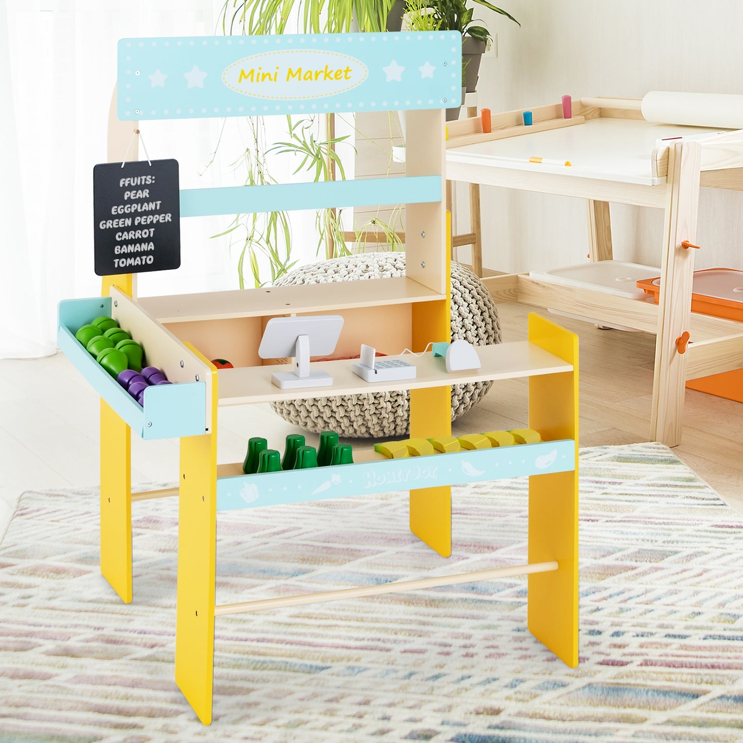 Kid's Pretend Play Grocery Store with Cash Register and Blackboard-Blue Kids Crystal