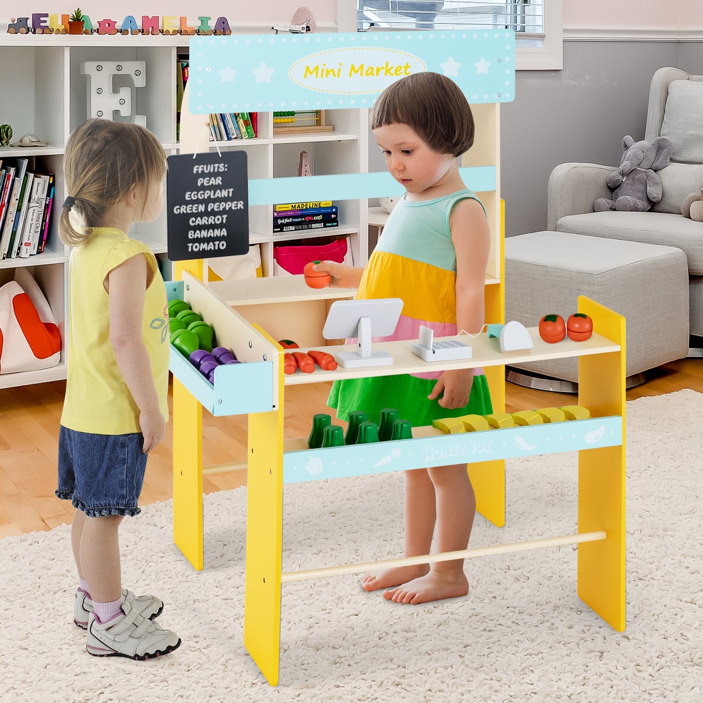 Kid's Pretend Play Grocery Store with Cash Register and Blackboard-Blue Kids Crystal
