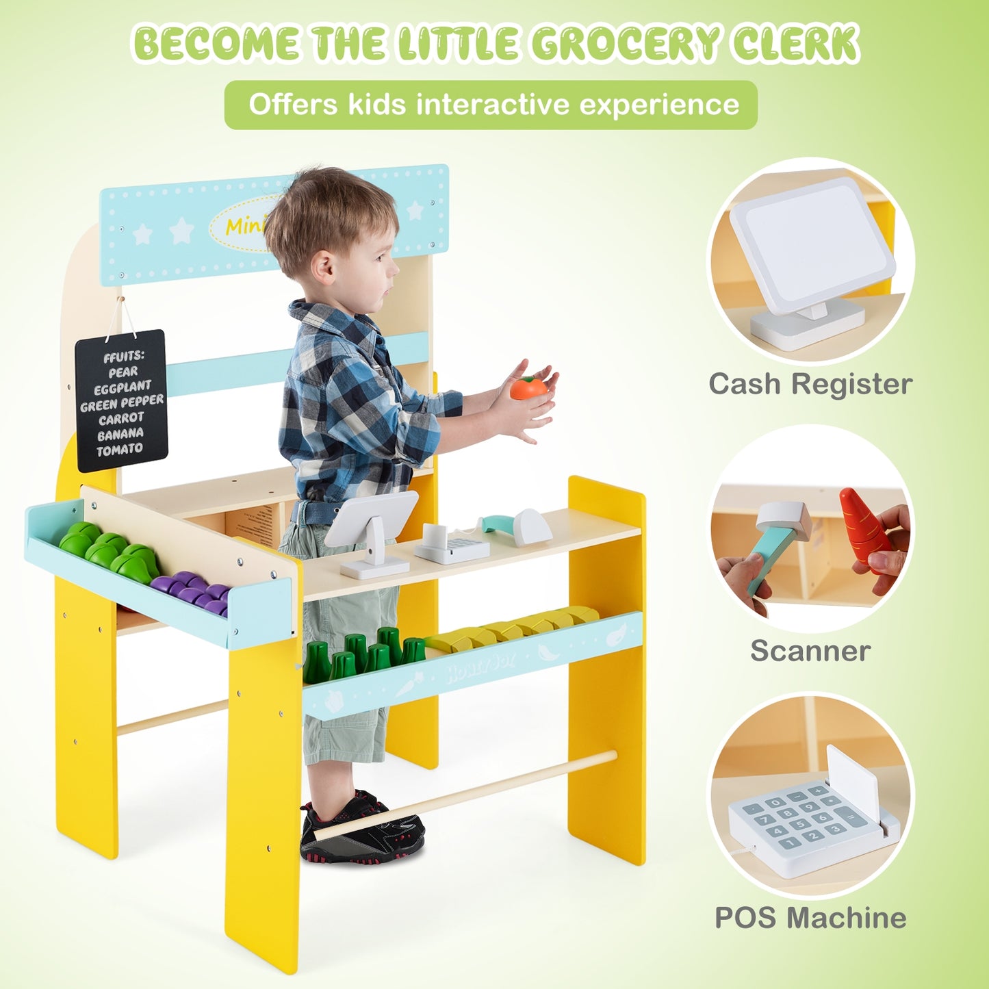 Kid's Pretend Play Grocery Store with Cash Register and Blackboard-Blue Kids Crystal