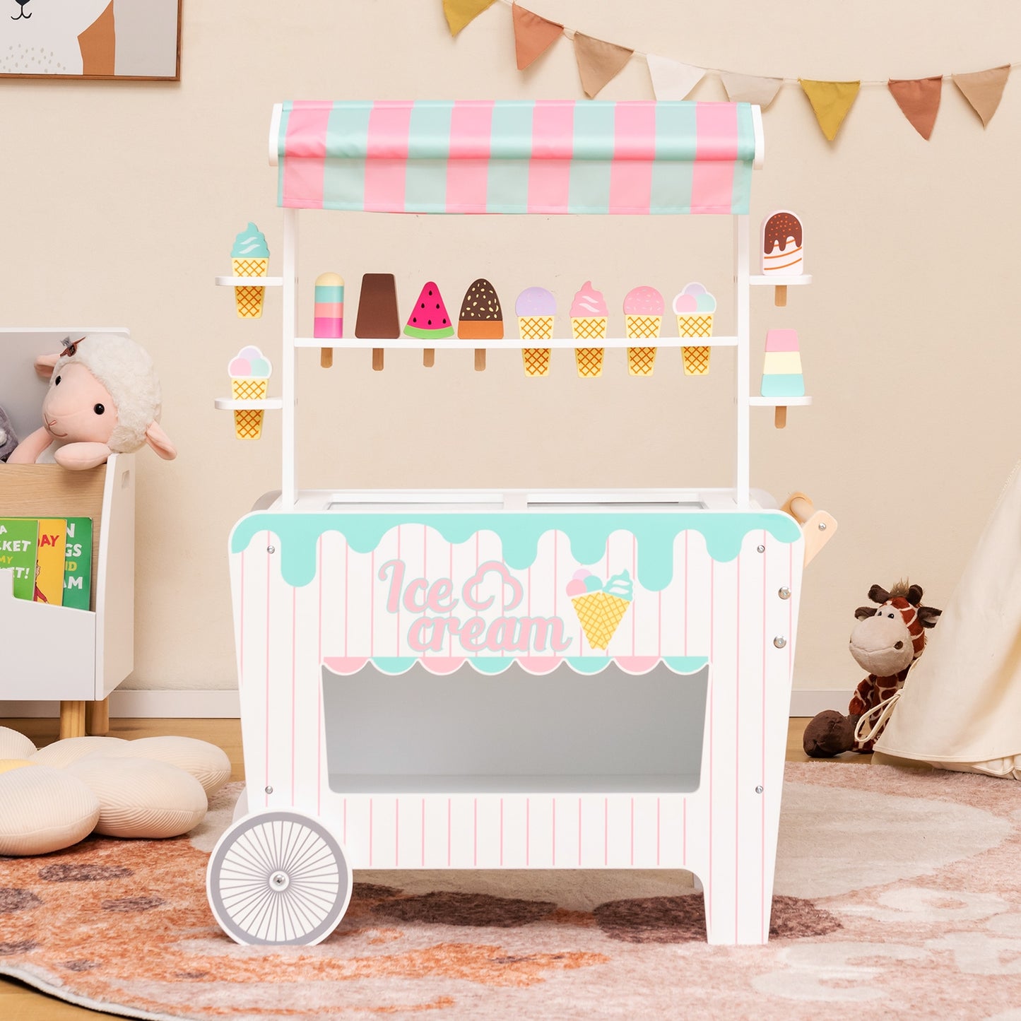 Kids Ice Cream Cart Playset with Display Rack and Accessories Kids Crystal