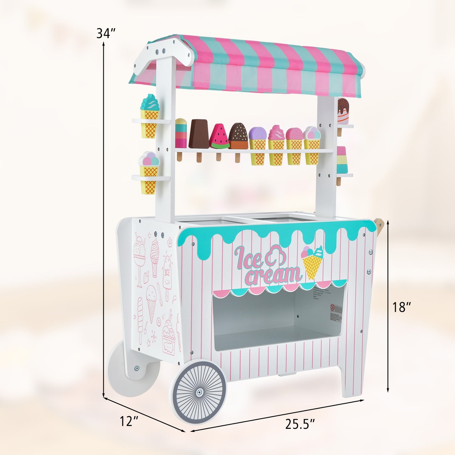 Kids Ice Cream Cart Playset with Display Rack and Accessories Kids Crystal