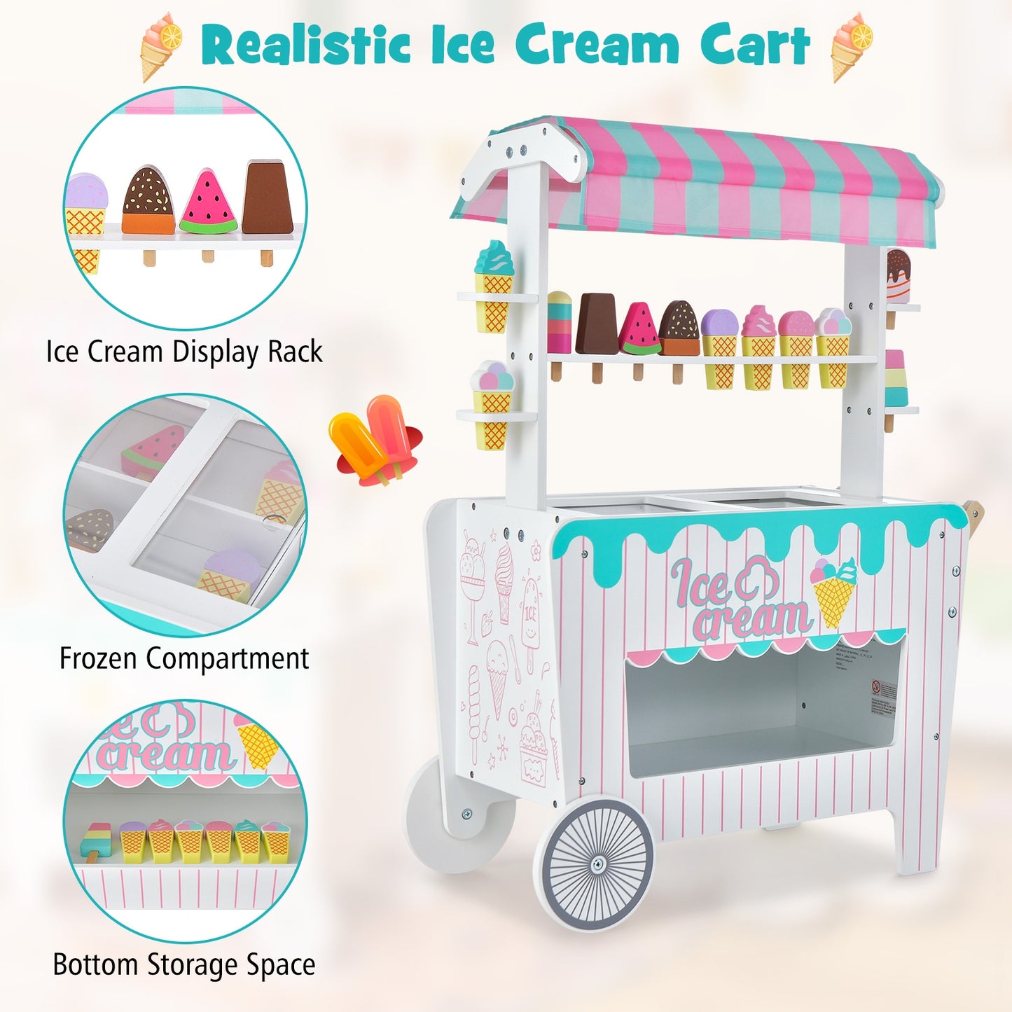 Kids Ice Cream Cart Playset with Display Rack and Accessories Kids Crystal