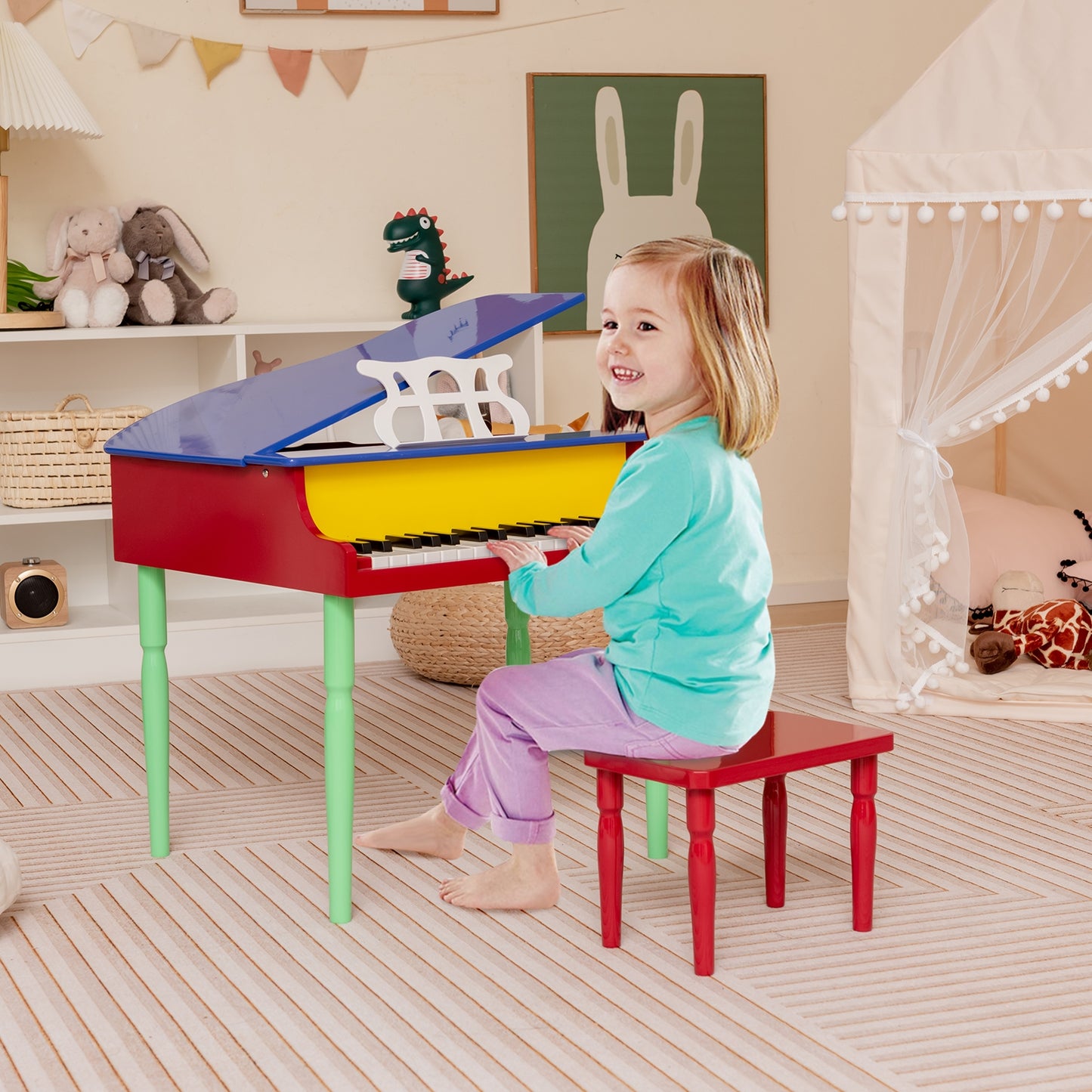 30-Key Wood Toy Kids Grand Piano with Bench and Music Rack-Multicolor Kids Crystal
