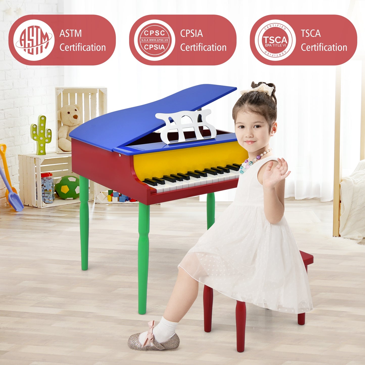 30-Key Wood Toy Kids Grand Piano with Bench and Music Rack-Multicolor Kids Crystal