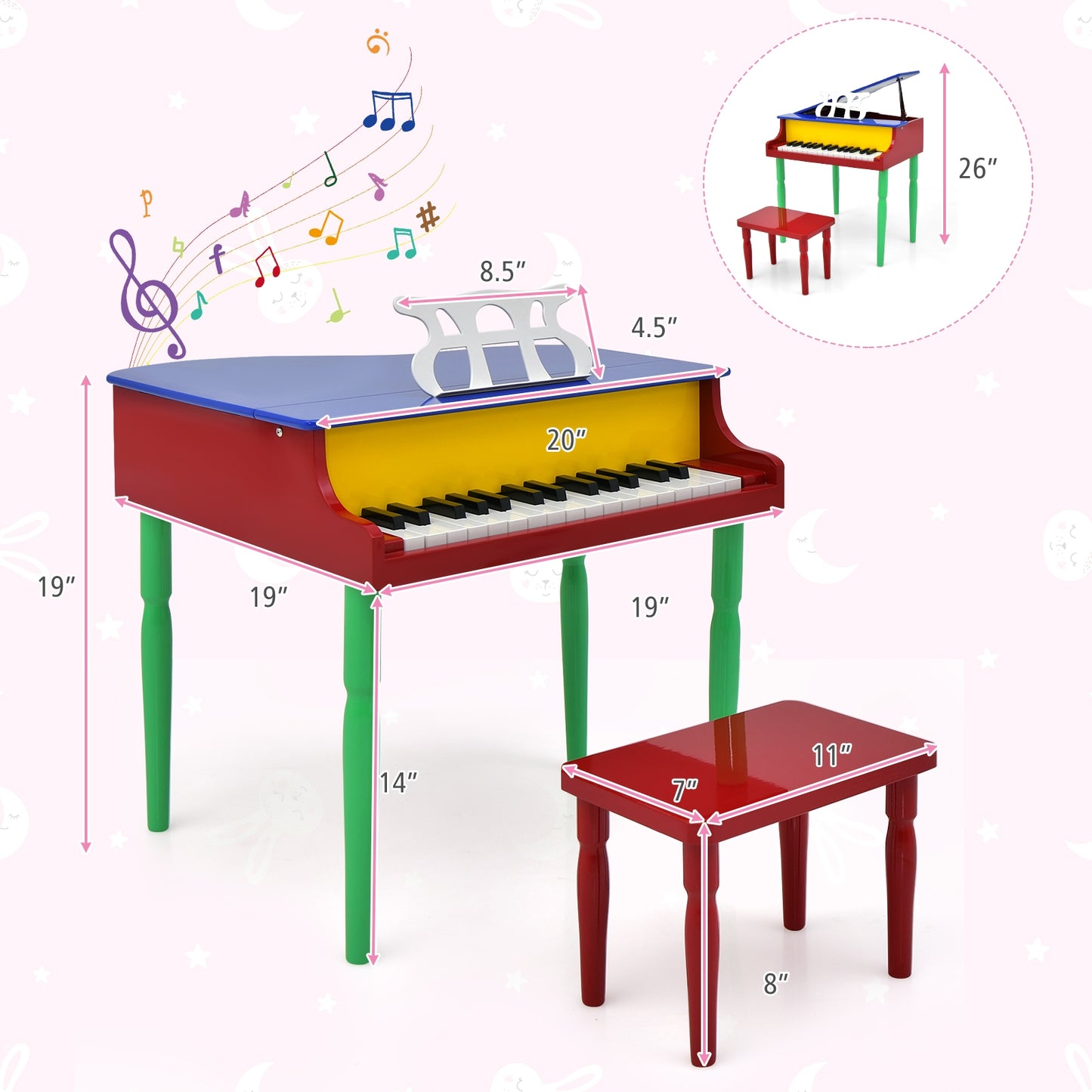 30-Key Wood Toy Kids Grand Piano with Bench and Music Rack-Multicolor Kids Crystal