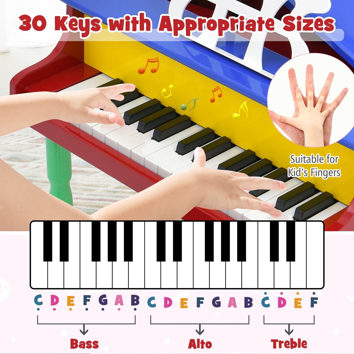 30-Key Wood Toy Kids Grand Piano with Bench and Music Rack-Multicolor Kids Crystal
