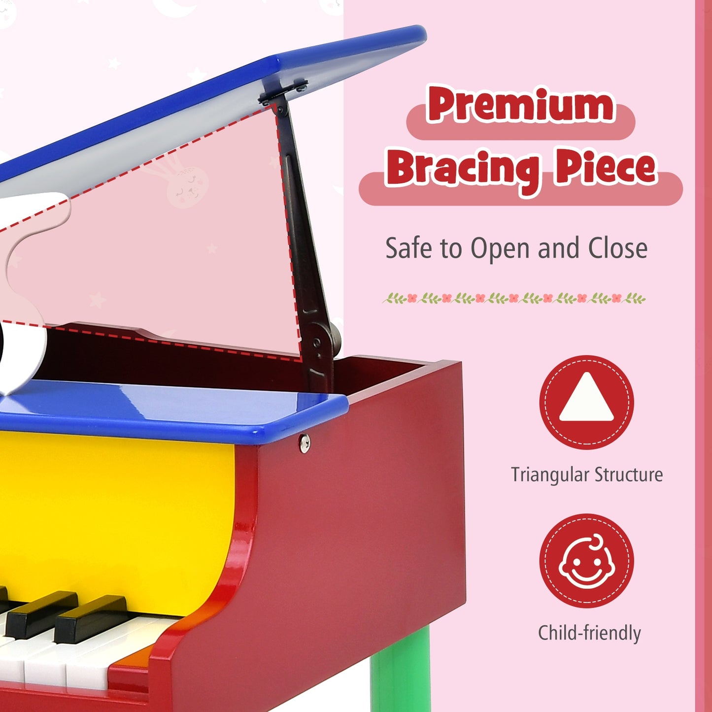30-Key Wood Toy Kids Grand Piano with Bench and Music Rack-Multicolor Kids Crystal