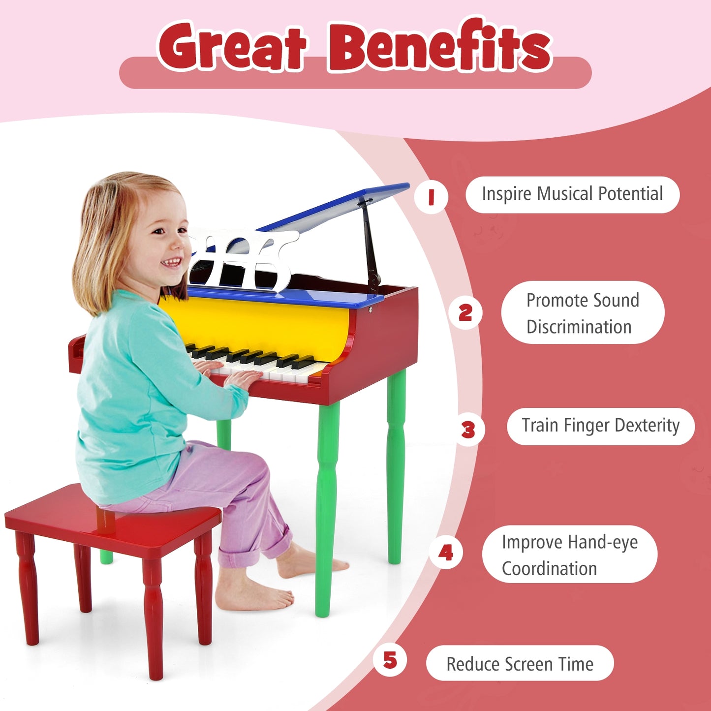30-Key Wood Toy Kids Grand Piano with Bench and Music Rack-Multicolor Kids Crystal