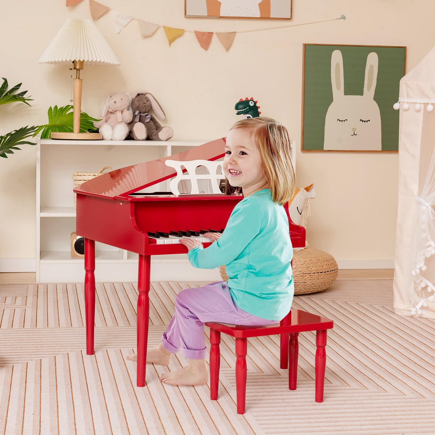30-Key Wood Toy Kids Grand Piano with Bench and Music Rack-Red Kids Crystal