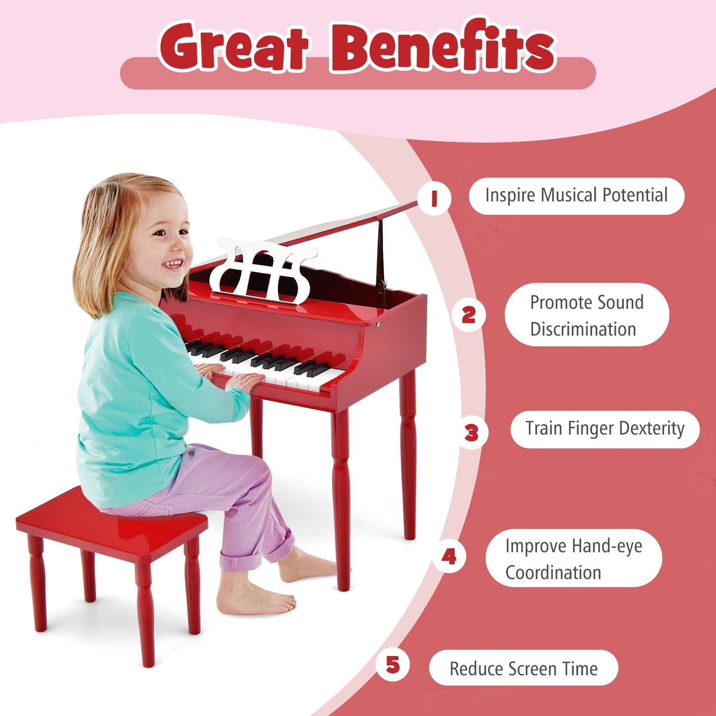 30-Key Wood Toy Kids Grand Piano with Bench and Music Rack-Red Kids Crystal