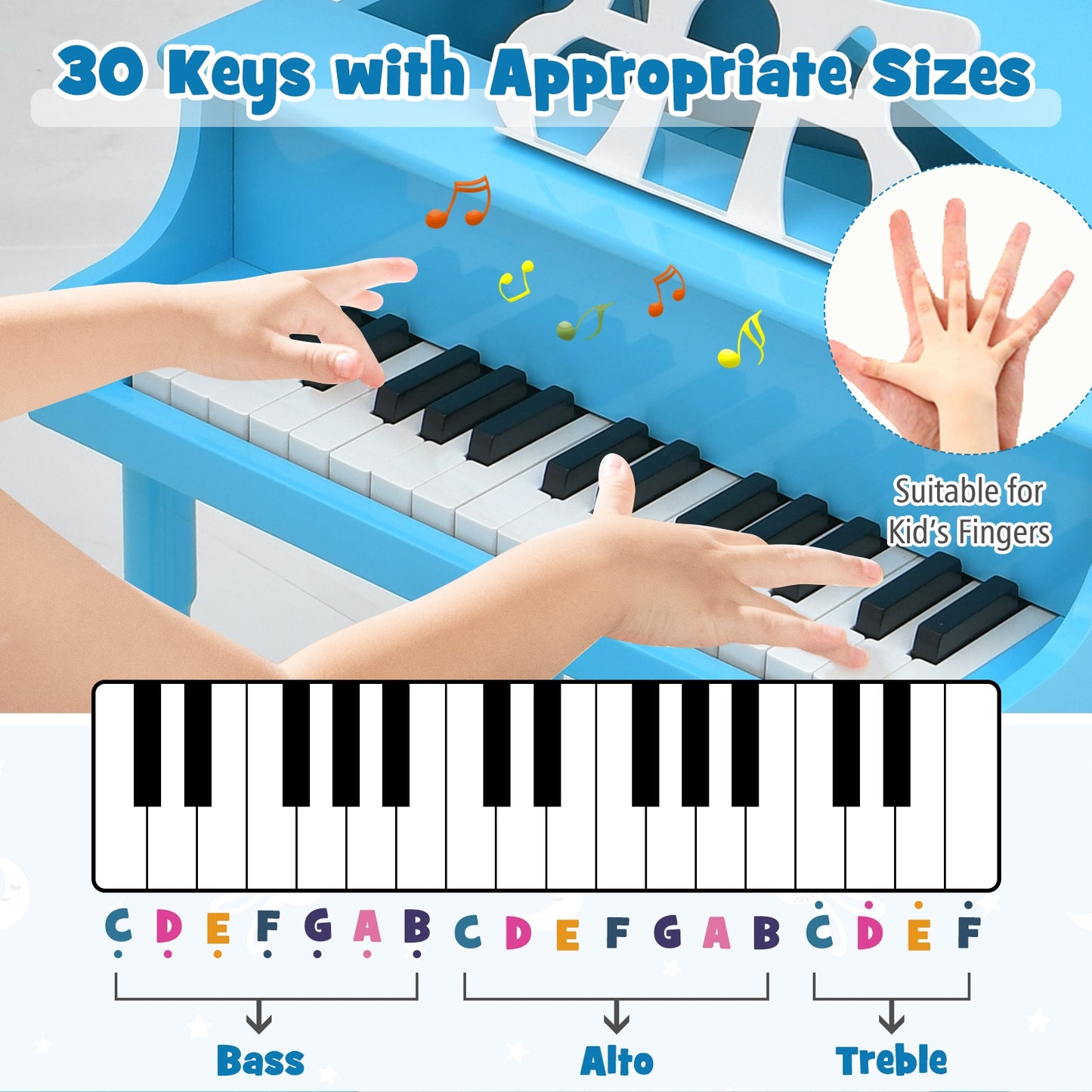 30-Key Wood Toy Kids Grand Piano with Bench and Music Rack-Blue Kids Crystal