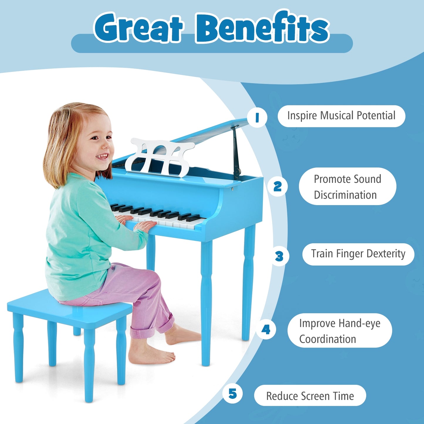 30-Key Wood Toy Kids Grand Piano with Bench and Music Rack-Blue Kids Crystal
