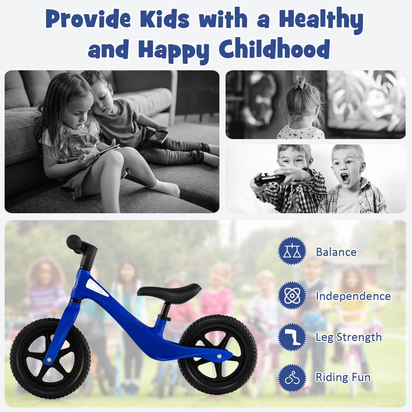 Kids Balance Bike with Rotatable Handlebar and Adjustable Seat Height-Blue Kids Crystal