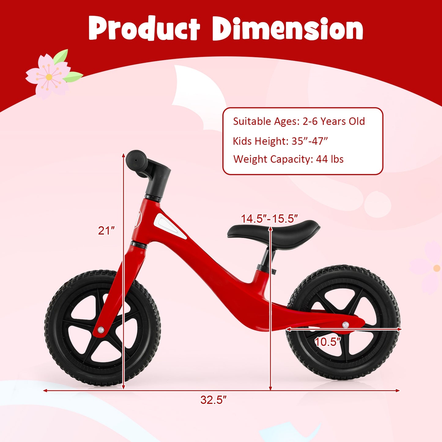 Kids Balance Bike with Rotatable Handlebar and Adjustable Seat Height-Red Kids Crystal