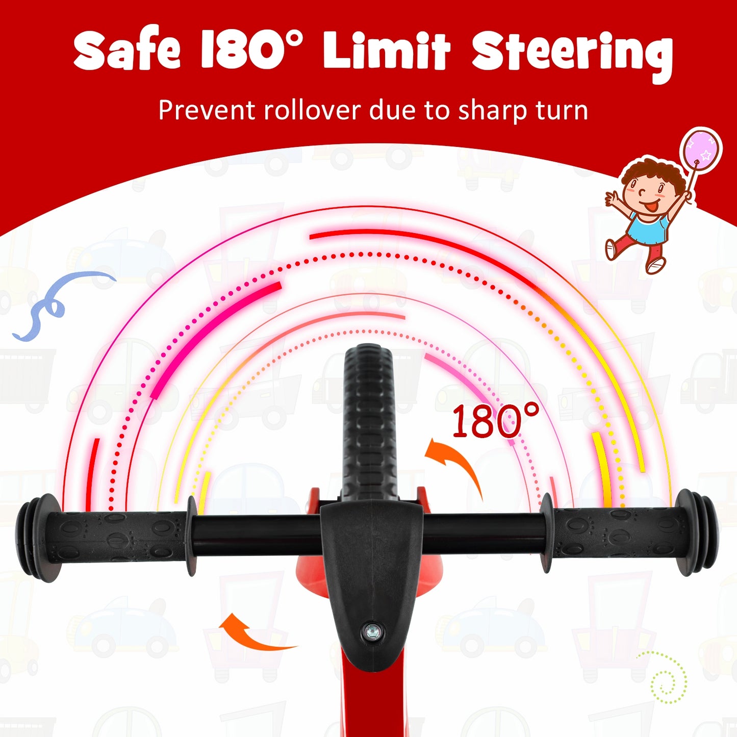 Kids Balance Bike with Rotatable Handlebar and Adjustable Seat Height-Red Kids Crystal