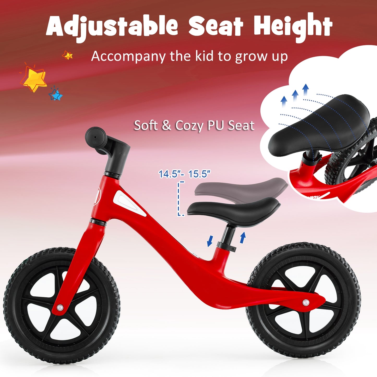 Kids Balance Bike with Rotatable Handlebar and Adjustable Seat Height-Red Kids Crystal