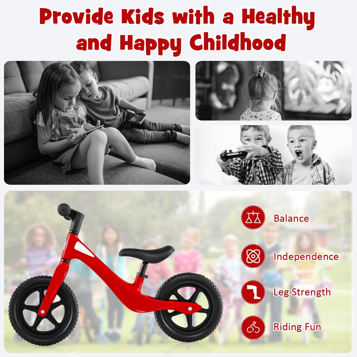 Kids Balance Bike with Rotatable Handlebar and Adjustable Seat Height-Red Kids Crystal
