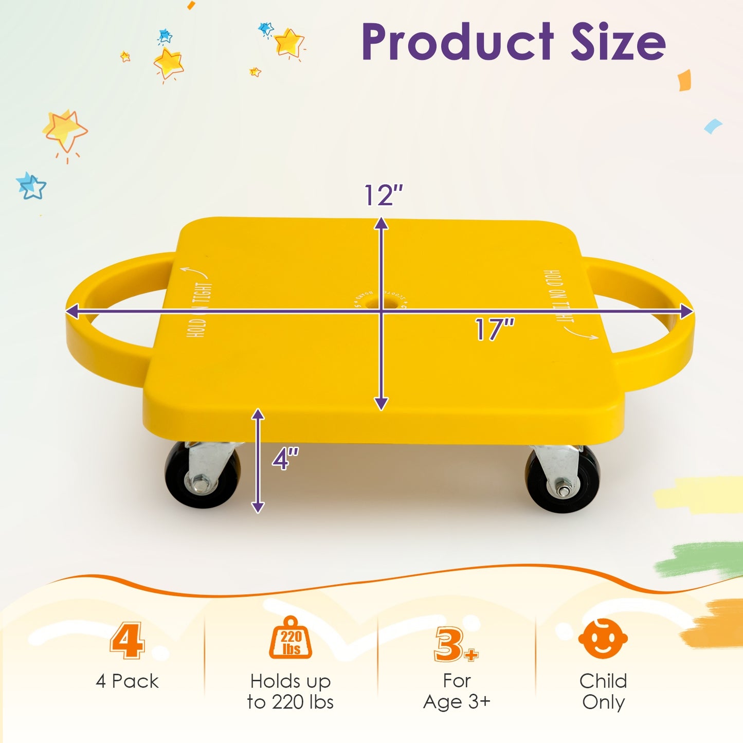 4-Pack Kids Sitting Scooter Board with Handles and Rolling Casters Kids Crystal