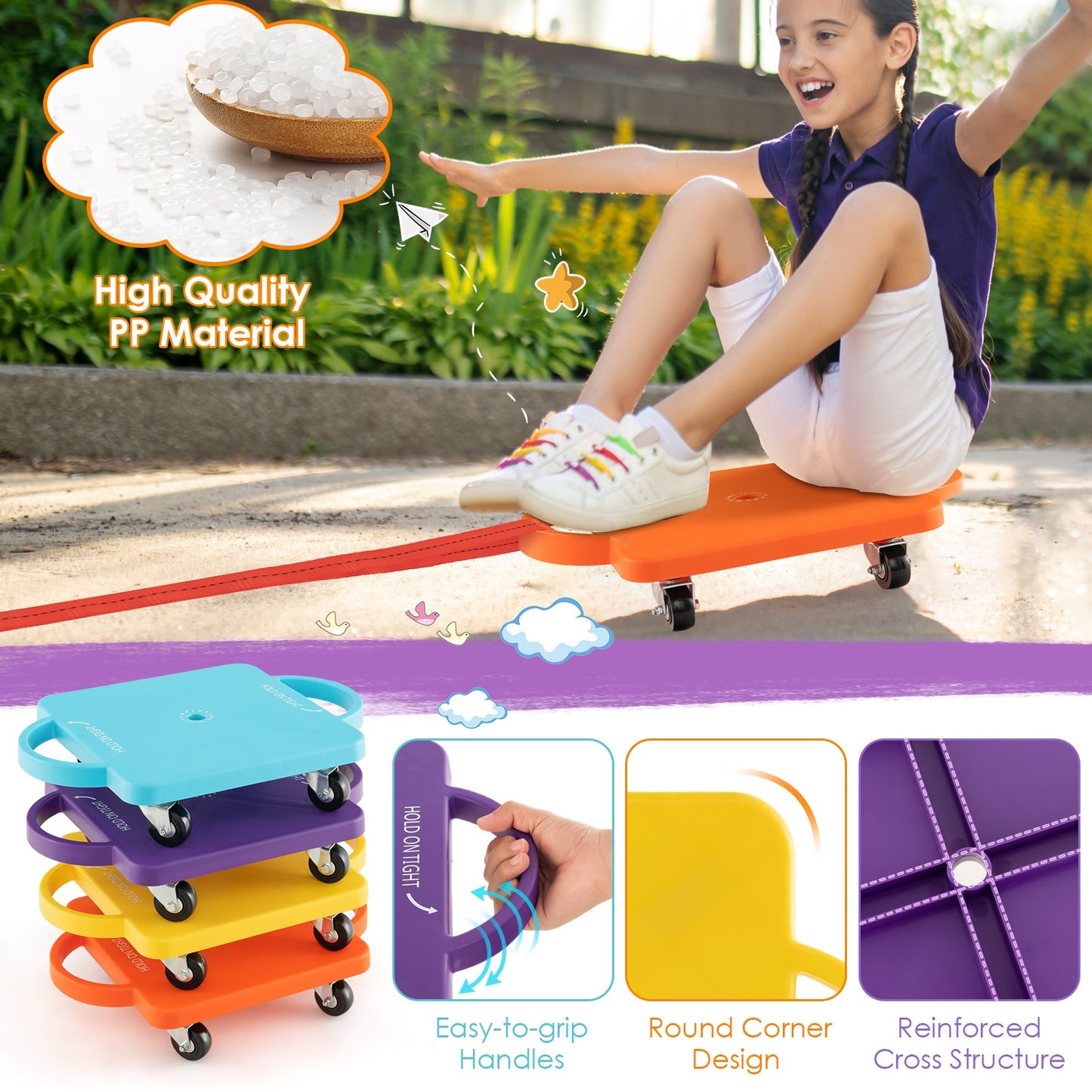 4-Pack Kids Sitting Scooter Board with Handles and Rolling Casters Kids Crystal