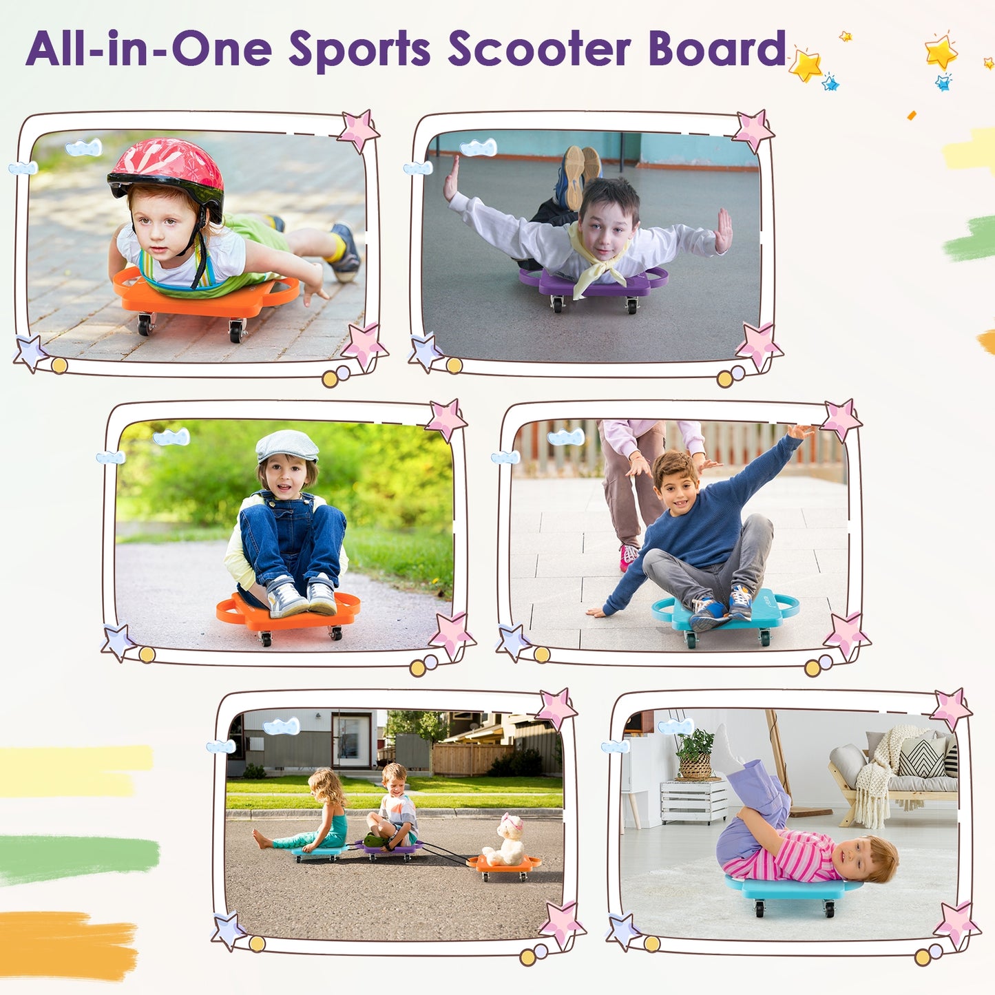 4-Pack Kids Sitting Scooter Board with Handles and Rolling Casters Kids Crystal