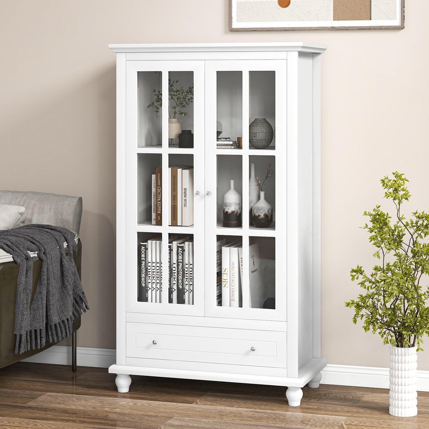 55 Inch Bookcase Cabinet with Tempered Glass Doors-White Kids Crystal