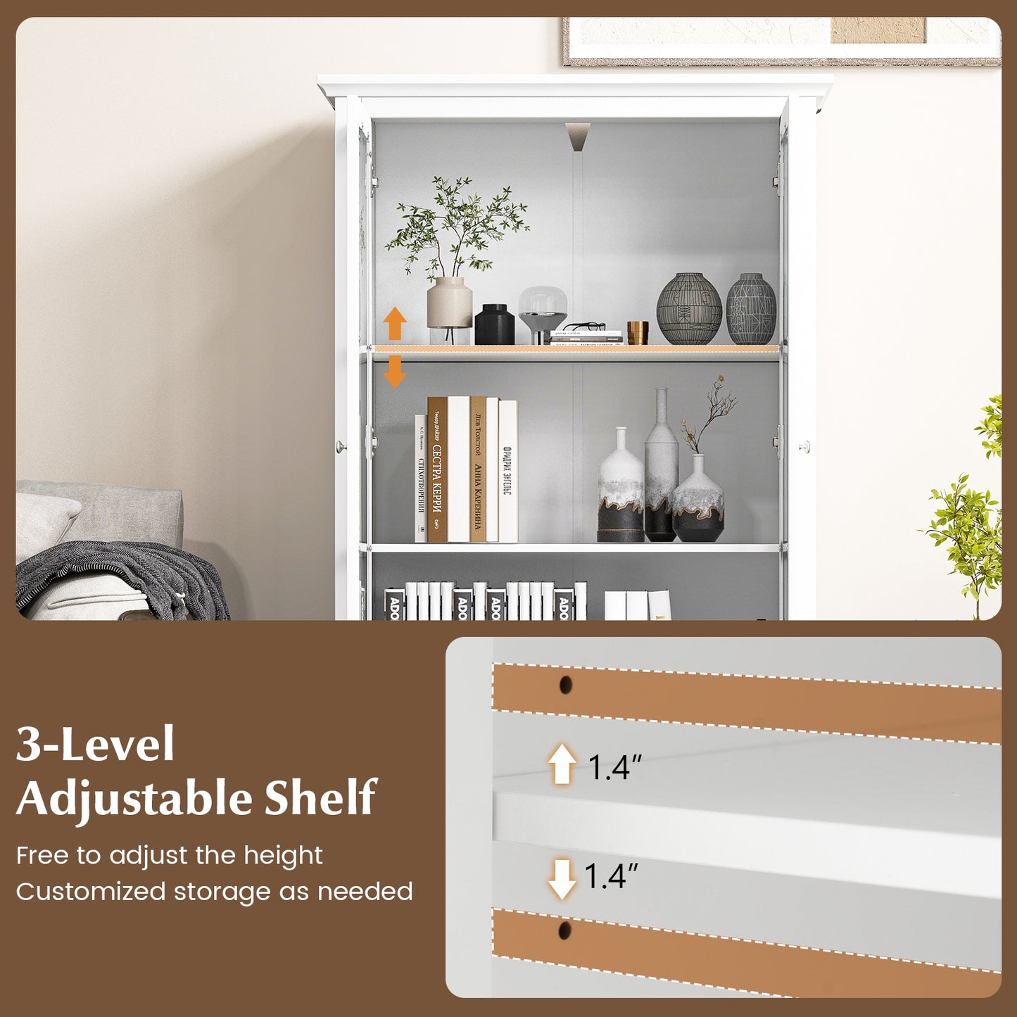 55 Inch Bookcase Cabinet with Tempered Glass Doors-White Kids Crystal