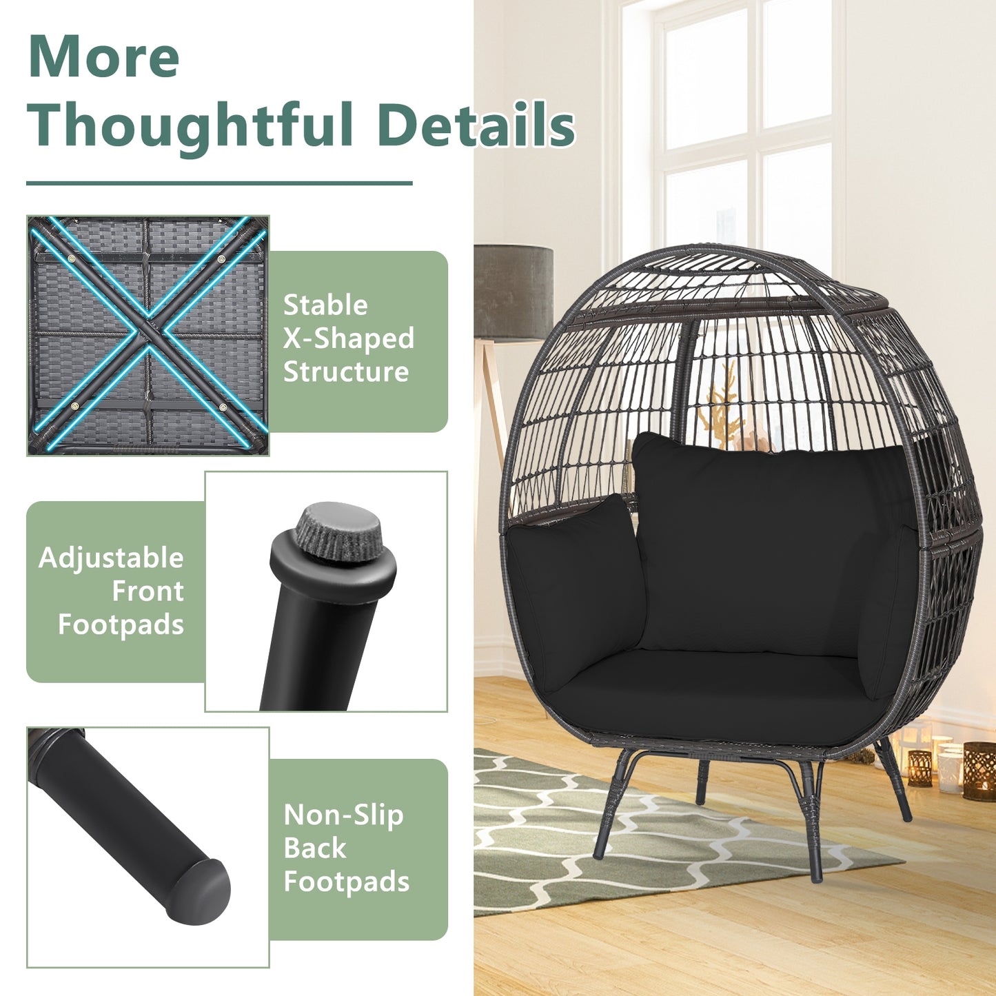 Oversized Indoor Wicker Egg Chair with Sturdy Metal Frame for Patio-Black Kids Crystal