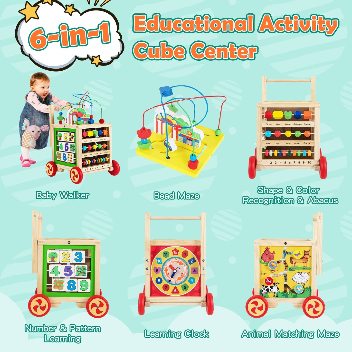 6-In-1 Developmental Learning Educational Toy with Bead Maze Kids Crystal