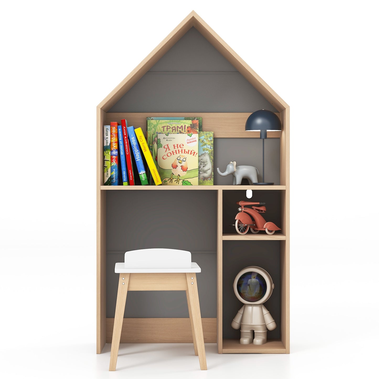 2-in-1 Kids House-Shaped Table and Chair Set-Gray Kids Crystal