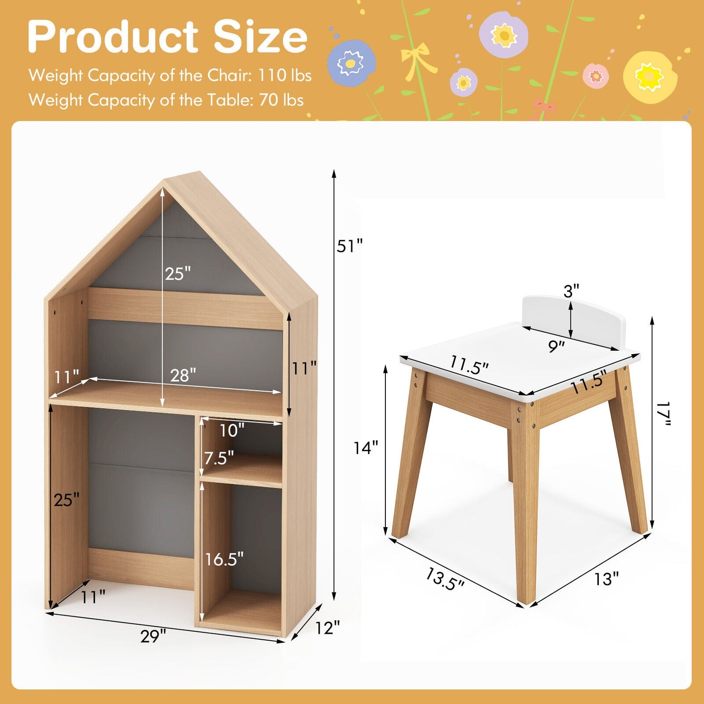 2-in-1 Kids House-Shaped Table and Chair Set-Gray Kids Crystal