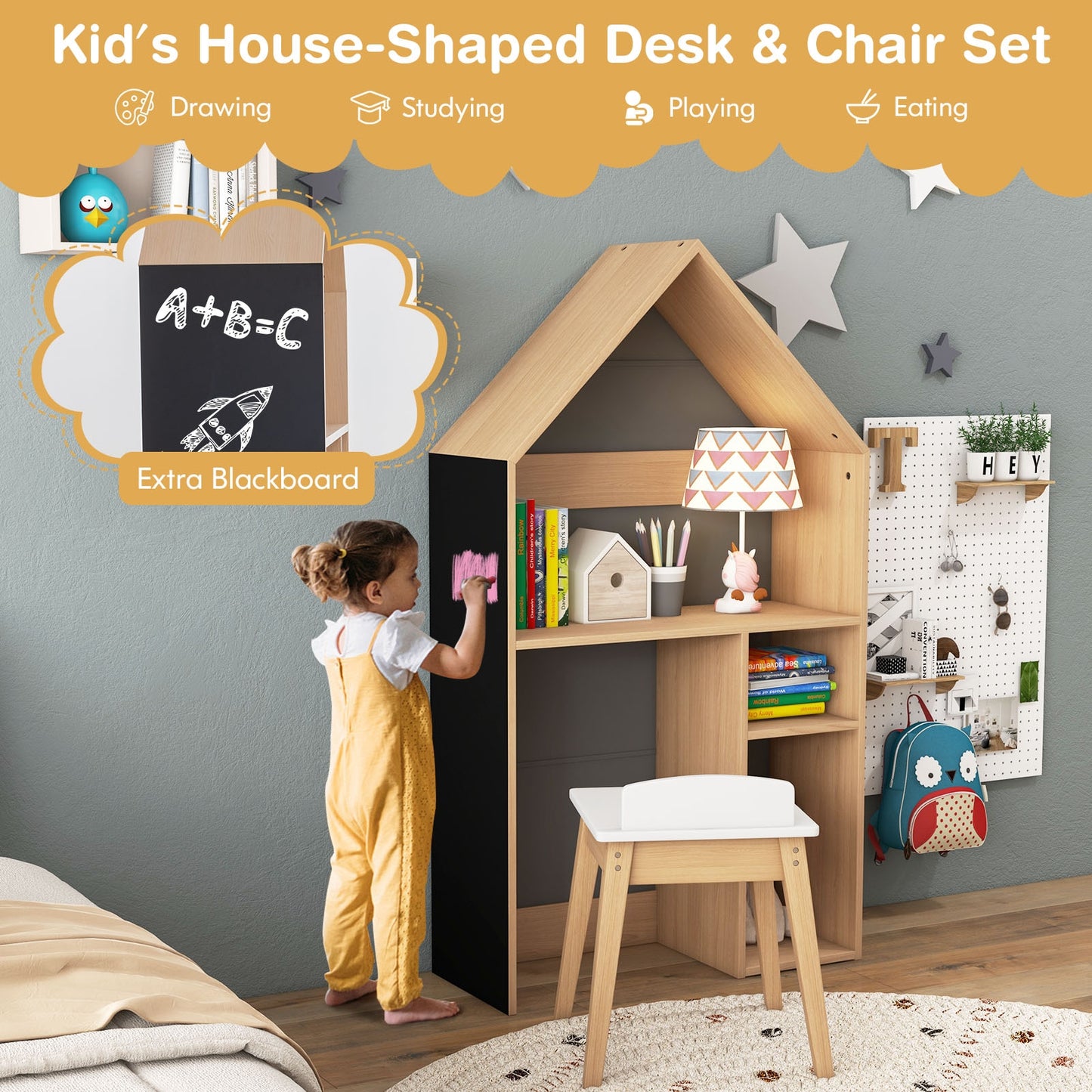 2-in-1 Kids House-Shaped Table and Chair Set-Gray Kids Crystal